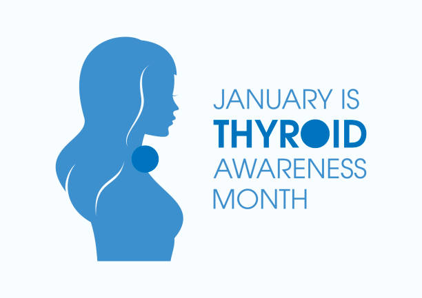 January is Thyroid Awareness Month vector Young woman from profile silhouette vector. Thyroid disease icon vector thyroid gland stock illustrations