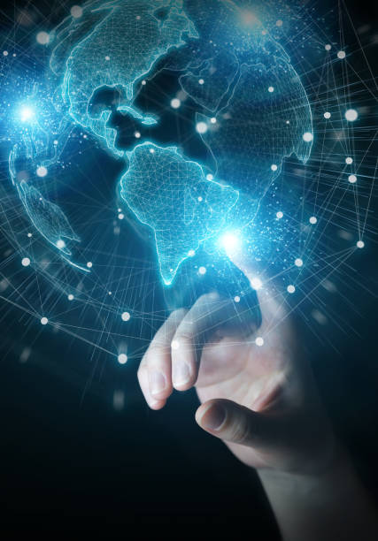Businessman hand using America USA map globe network hologram 3D rendering Businessman hand in dark using America USA map globe network hologram 3D rendering man holding earth stock pictures, royalty-free photos & images