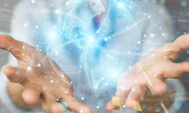 istock Businesswoman using America USA map globe network hologram 3D rendering 1360332185