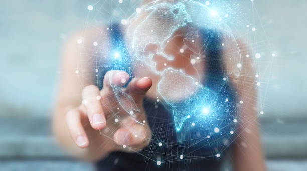 istock Businesswoman using America USA map globe network hologram 3D rendering 1360332402