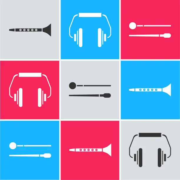 Vector illustration of Set Clarinet, Headphones and Drum sticks icon. Vector
