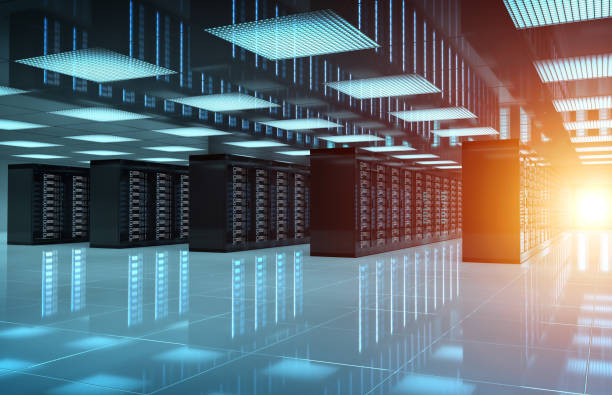 istock Dark servers data center room with bright halo light through the corridor 3D rendering 1360332798