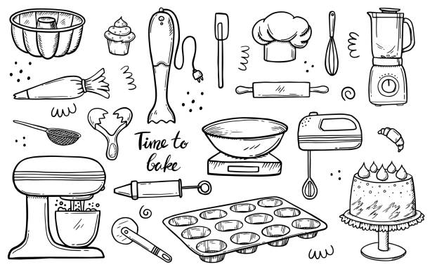 illustrations, cliparts, dessins animés et icônes de boulangerie, matériel de confiserie. illustration vectorielle dessinée à la main isolée sur blanc. mélangeur, tamis, plat de cuisson, robot culinaire - pâtissier