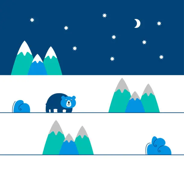 Vector illustration of Winter snow northern landscape with night starry sky. Mountains or hills, snowy peaks, drifts and polar bear. Design for post card, site. Flat, geometric and minimalism vector cartoon illustration