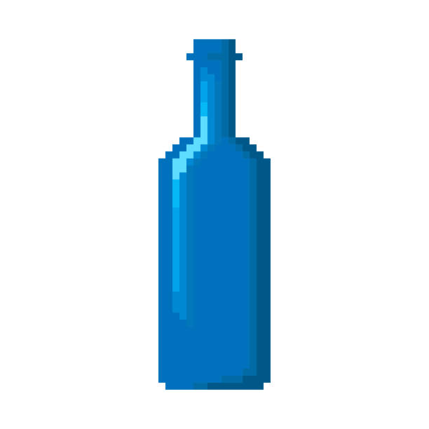 Bottle icon. Vertical view. Vector graphic illustration. Blue pixel art. Isolated object on a white background. Isolate. Bottle icon. Vertical view. Vector graphic illustration. Blue pixel art. Isolated object on a white background. Isolate. glass medicine blue bottle stock illustrations