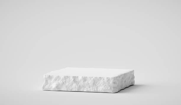 White stone plate cosmetic podium 3d background or abstract empty product display floor platform space and blank rock stage stand on plaster concrete pedestal backdrop with natural marble show scene.