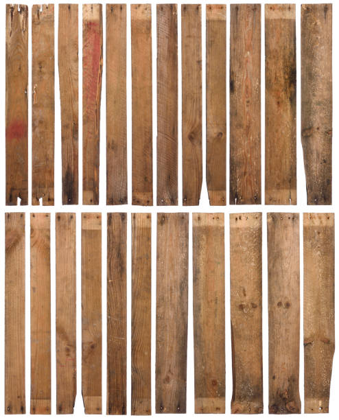 istock Set of 23 rustic rough weathered wood plank with rusty nails, isolated 1360337054