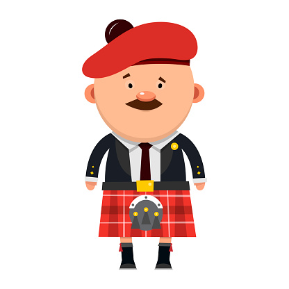Scottish male with a mustache in a kilt. Vector illustration isolated on white background.