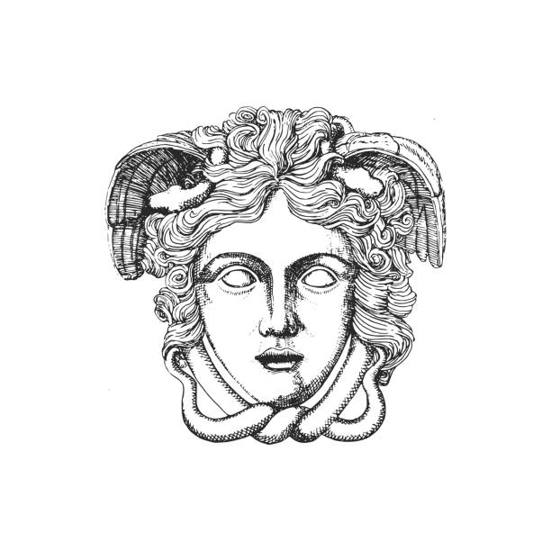 medusa, vintage-illustration im gravurstil. gorgo, griechischer skulpturenkopf, handzeichnung in vektor. - griechisches tattoo stock-grafiken, -clipart, -cartoons und -symbole