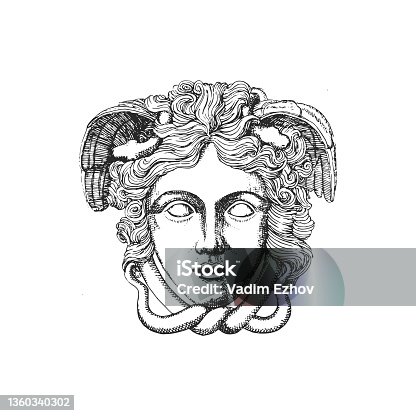 istock Medusa, vintage illustration in engraving style. Gorgo, Greek sculpture head, hand drawing in vector. 1360340302