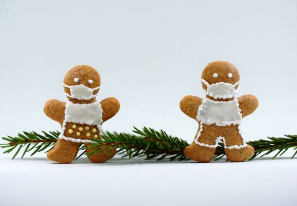 istock Gingerbread couple with protective face masks and spruce twig 1360340602