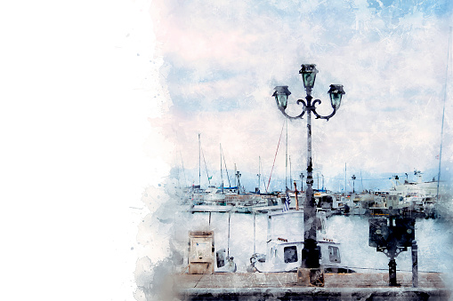 Watercolor painting of the embankment on the island of AEGINA, GREECE. Nice view of the harbor and street lamp
