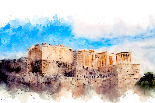 Watercolor drawing. View of the Acropolis hill in Athens, Greece.