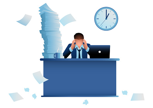 Business concept vector illustration of a stressful businessman sitting at office desk working overtime with overloaded work