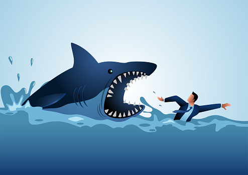Business concept illustration of a businessman swimming panic avoiding shark attacks, loan shark, risk concept
