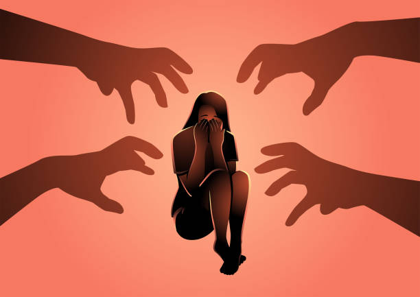 terrified young woman sit on floor with shadow of grabbing hands as a threat - anksiyete stock illustrations