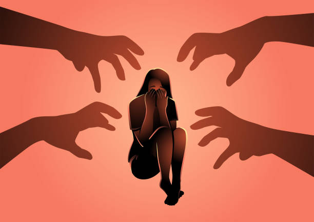 Terrified young woman sit on floor with shadow of grabbing hands as a threat Simple flat vector illustration of terrified young woman sit on floor with shadow of grabbing hands as a threat aggression illustrations stock illustrations