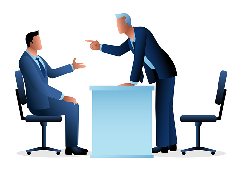 Business vector illustration of a boss pointing his finger to his employee, business, fired, angry management concept