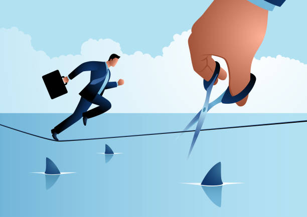 Businessman running on rope over a sea full with sharks, meanwhile a giant hand with scissors is cutting the rope Business concept illustration of a businessman running on rope over a sea full with sharks, meanwhile a giant hand with scissors is cutting the rope sabotage icon stock illustrations