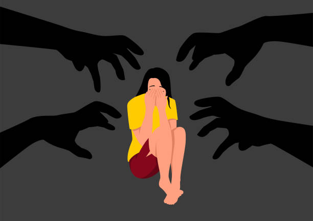 Terrified young woman sit on floor with shadow of grabbing hands as a threat Simple flat vector illustration of terrified young woman sit on floor with shadow of grabbing hands as a threat sexual assault stock illustrations