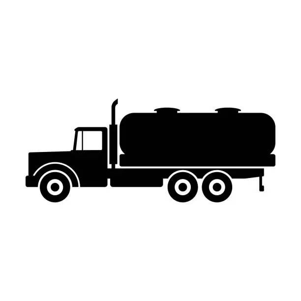 Vector illustration of Tanker truck icon. Black silhouette. Side view. Vector graphic illustration. Isolated object on a white background. Isolate.