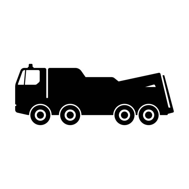 ilustrações de stock, clip art, desenhos animados e ícones de tow truck icon. black silhouette. side view. vector graphic illustration. isolated object on a white background. isolate. - tow truck heavy truck delivering