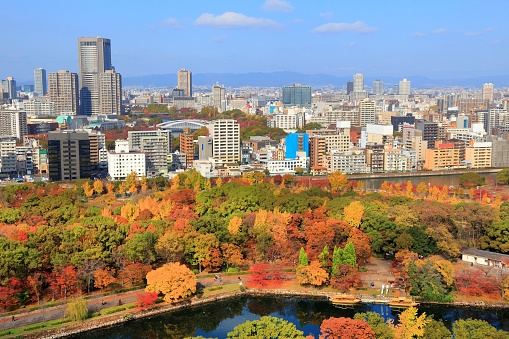 Osaka city skyline with Tenma neighborhood (in Kita district) and Miyakojima district. Autumn park.