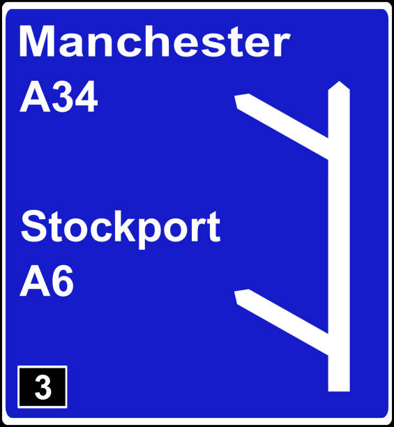 zwei kreuzungen in schneller folge autobahnschild - stockport stock-grafiken, -clipart, -cartoons und -symbole