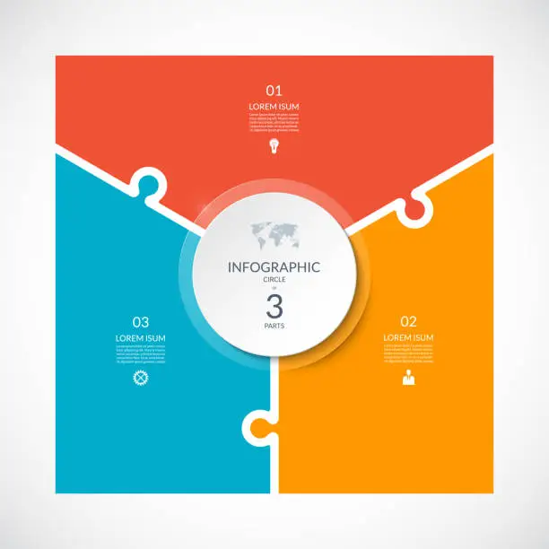 Vector illustration of Infographic square template in puzzle style. Vector cycle diagram with 3 parts, options.