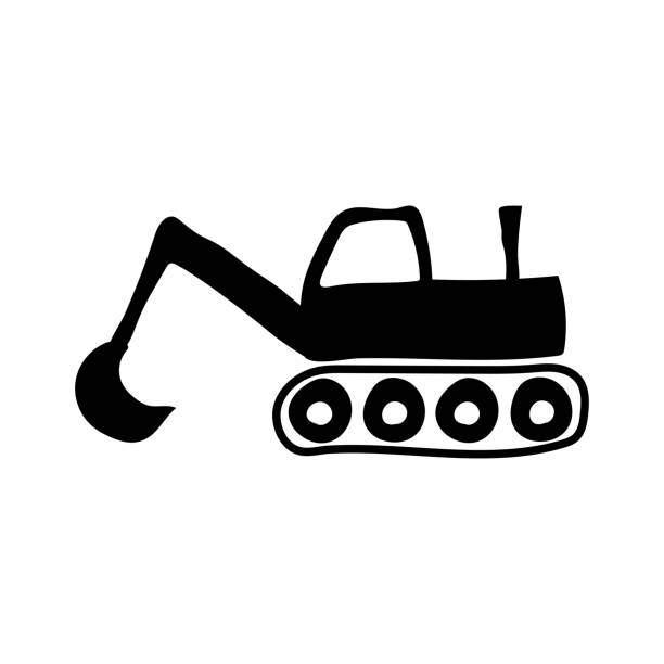 ikona koparki. czarna sylwetka. widok z boku. odręczne rysowanie grafiki wektorowej. ilustracja rysunkowa. izolowany obiekt na białym tle. wyizolować. - loading earth mover skidding construction equipment stock illustrations