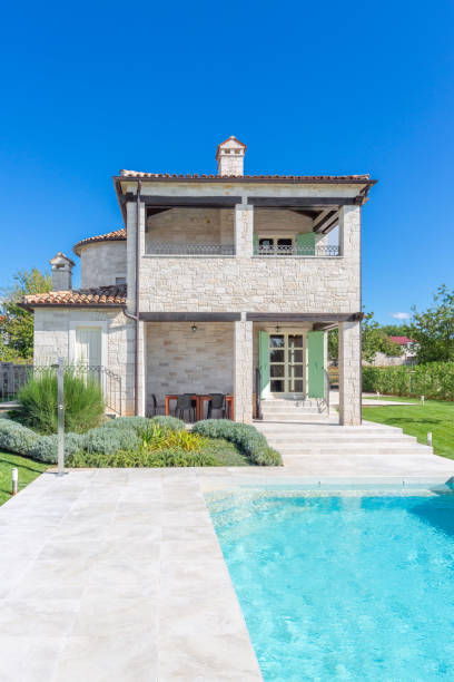 istock Luxurious beautiful modern villa with swimming pool and yard garden 1360349436