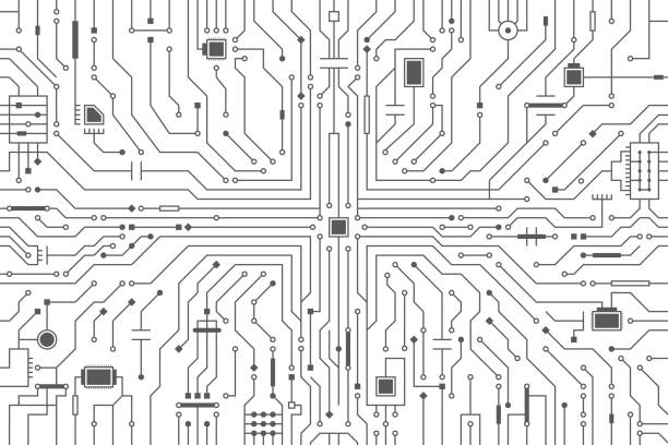 ilustraciones, imágenes clip art, dibujos animados e iconos de stock de fondo de placa de circuito. microchip de cpu, esquema de conductor abstracto y otros componentes del circuito. placa base de computadora, fondo abstracto digital - computer circuit board sin costuras tecnología fondo blanco y negro