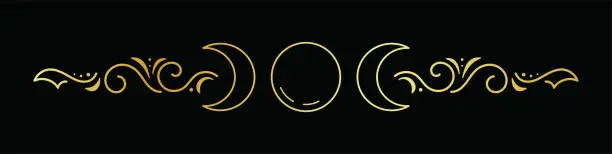 Vector illustration of Abstract golden long ornament with moon, curls and dots on a black background