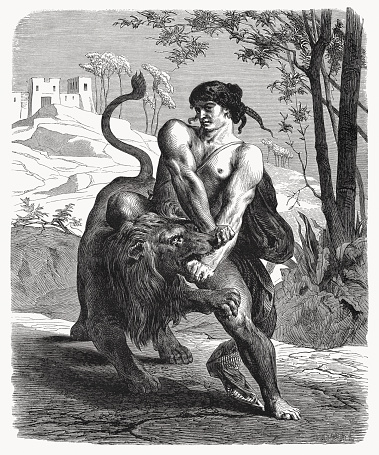 Samson and the Lion (Judges 14, 6). Wood engraving, published in 1862.