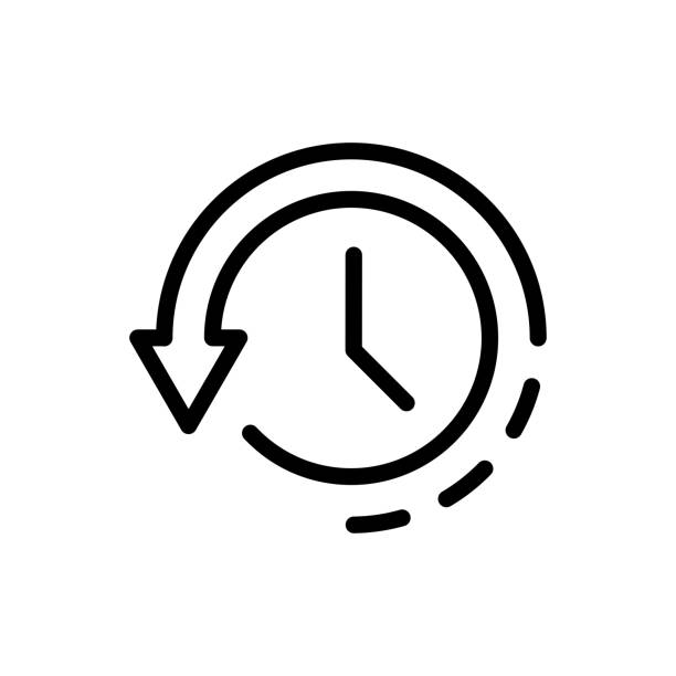 ilustraciones, imágenes clip art, dibujos animados e iconos de stock de tiempo en icono inverso. símbolo de atrás y retorno. señal de reloj con flecha. ilustración vectorial en estilo de esquema - turn back