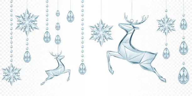 Vector illustration of Set of Crystal transparent blue snowflakes and deer, isolated.