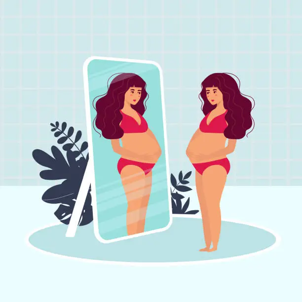 Vector illustration of beauty Pregnant Woman without clothes in underwear is standing and looking in the mirror. Vector Illustration. Healthy Lifestyle. Pregnant Girl.