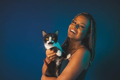 Afro, Woman, Holding, Cat, Animal