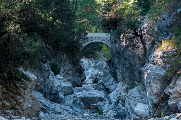 antike römische brücke über eine schattige schlucht in der kesme bogazi schlucht, türkei - roman antalya turkey restoring stock-fotos und bilder