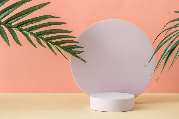 istock Round white podium and blank pastel purple plate behind 1360362648