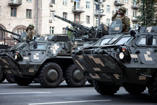 Military parade. Armored vehicle . Transport in protective colors. Army vehicles SUVs stock photo