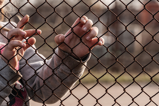 The child's hands are holding onto a metal mesh fence. Social problem of refugees and forced migrants.