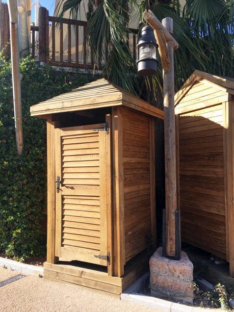 istock Wooden changing cabin in near plan 1360364976