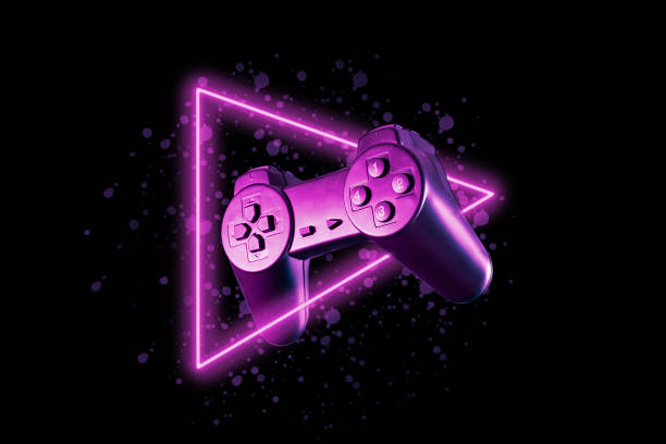 istock Game console joystick retro style with neon triangle in space. Concept of vaporwave and futurism. 1360366068