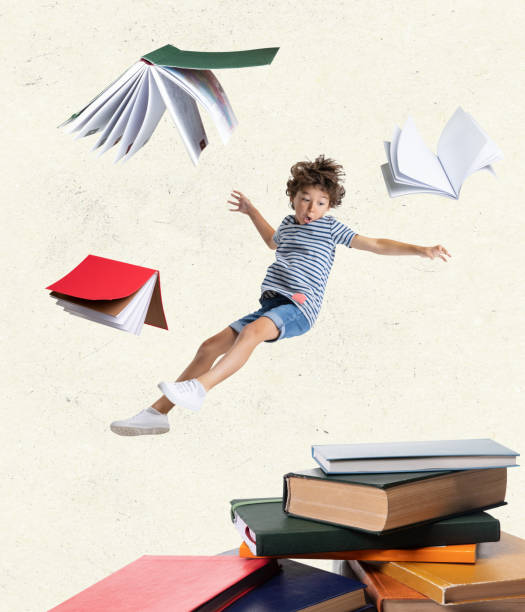 creative contemporary art collage of little boy, child falling into books isolated over light background - humor book fun human age imagens e fotografias de stock