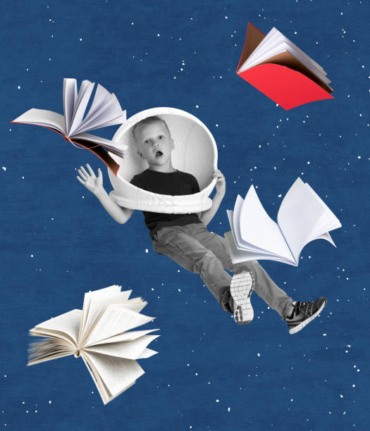 creative design. contemporary art collage of boy, child in astronaut helmet flying in night sky around books - humor book fun human age imagens e fotografias de stock