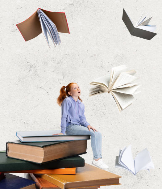 creative art collage of little girl, child sitting and dreaming around flying books isolated over beige background - humor book fun human age imagens e fotografias de stock