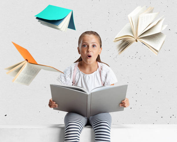 creative collage of surprised girl sitting and reading around flying books isolated over light gray background - humor book fun human age imagens e fotografias de stock