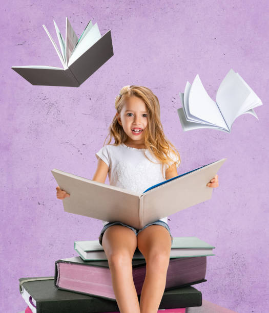 creative design, modern art collage of beautiful little girl, child sitting on stack of books and reading isolated over purple background - humor book fun human age imagens e fotografias de stock