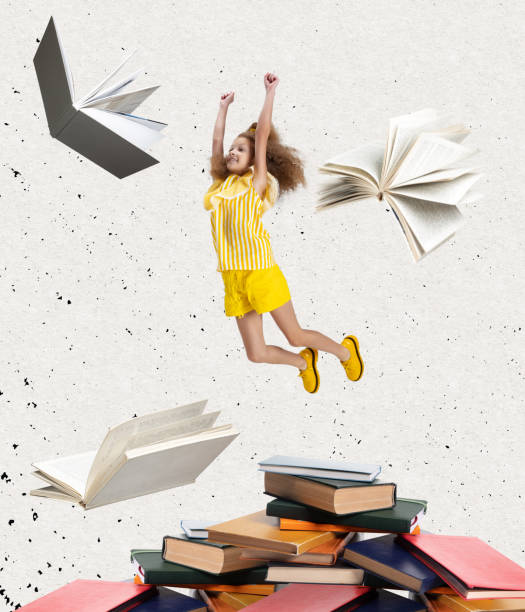 contemporary art collage of little girl jumping over stack of books isolated over light background - humor book fun human age imagens e fotografias de stock